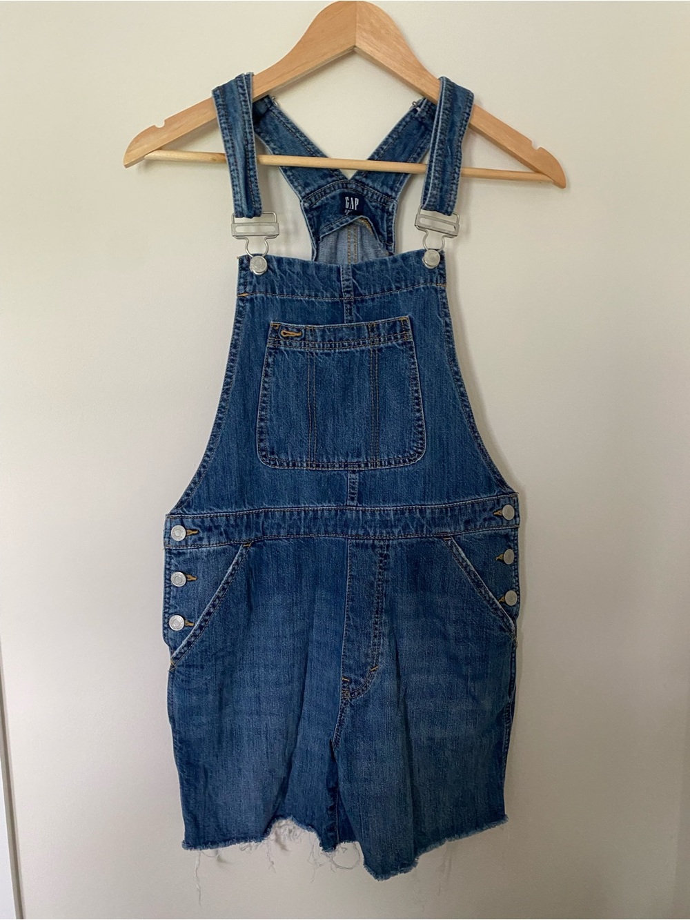 GAP Denim Womens S Blue Cut off Overalls Bib Shortalls Raw Hem Indigo